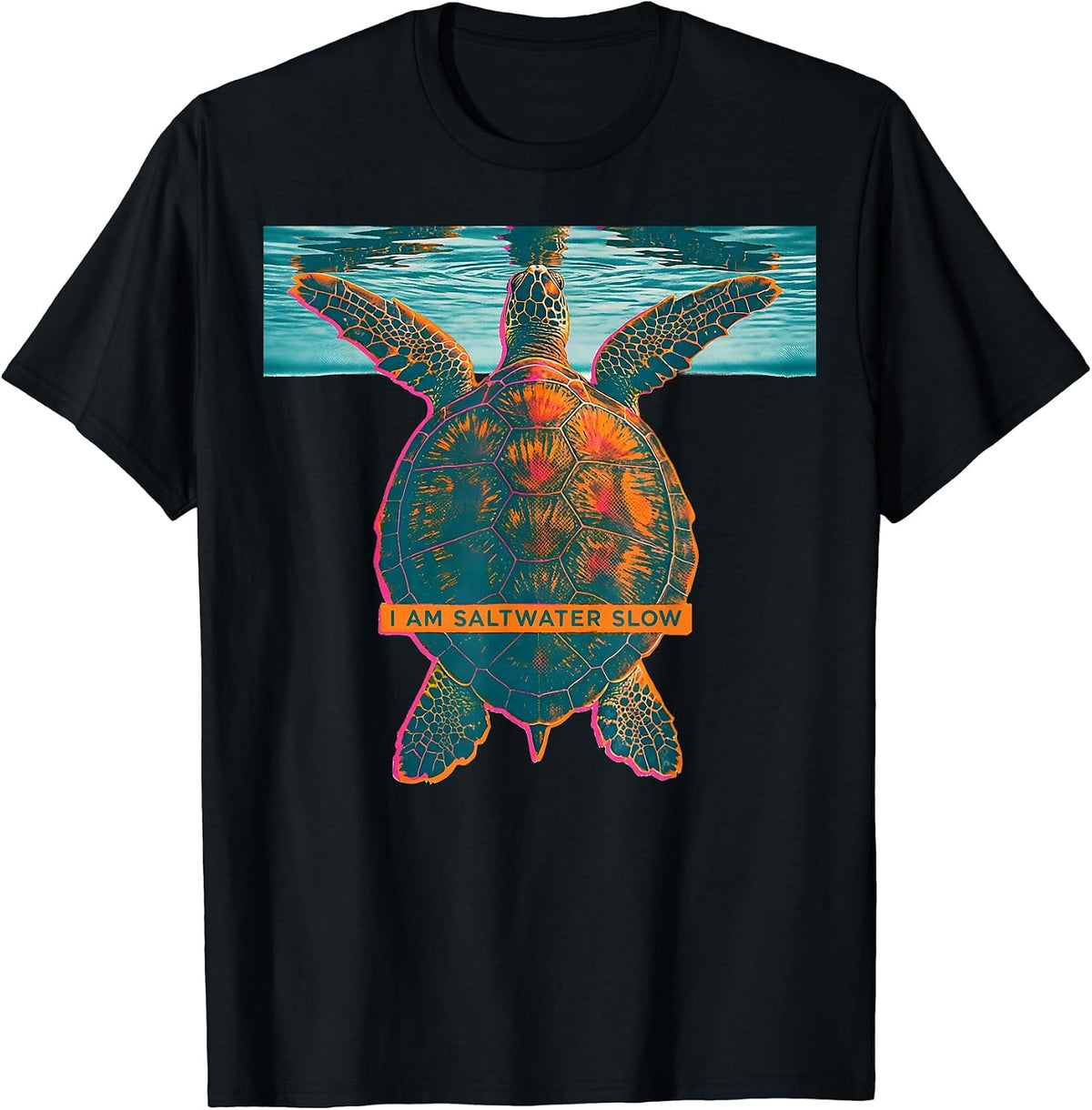Men's I Am Saltwater Slow Risograph Sea Turtle Lover Beach T-Shirt - Black