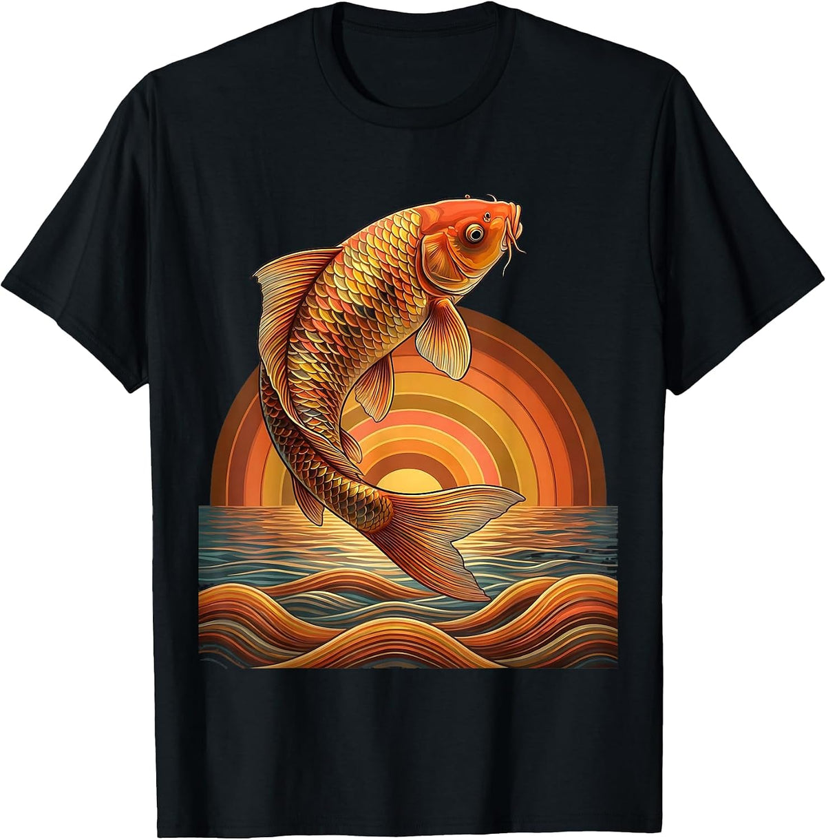 Rainbow Koi Fish Leaping From Water Illustration T-Shirt, Men, Black, Large - As Pictured