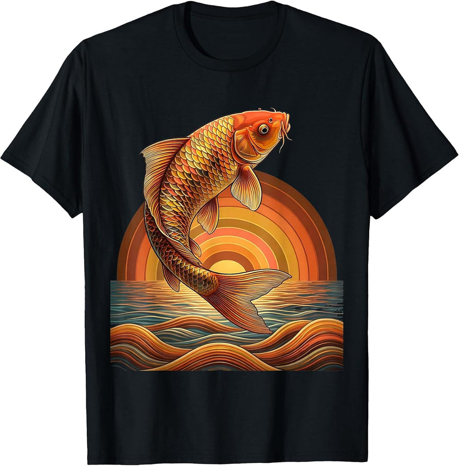 Rainbow Koi Fish Leaping From Water Illustration T-Shirt, Men, Black, Large - As Pictured