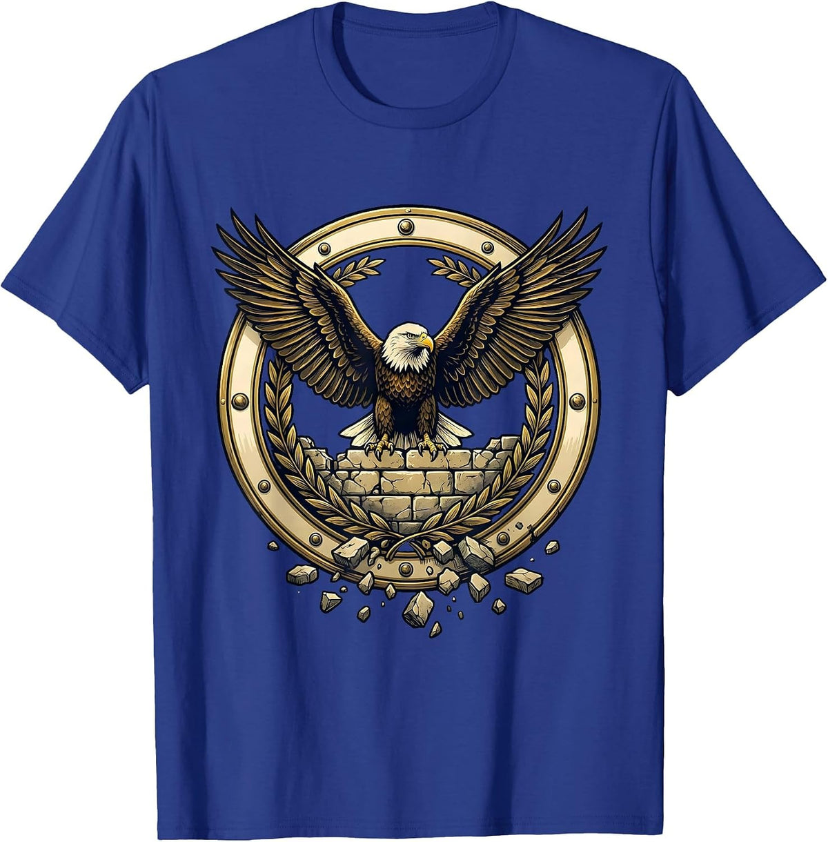 Men's Bald Eagle Perched on Crumbling Wall Patriotic Art T-Shirt - Royal Blue