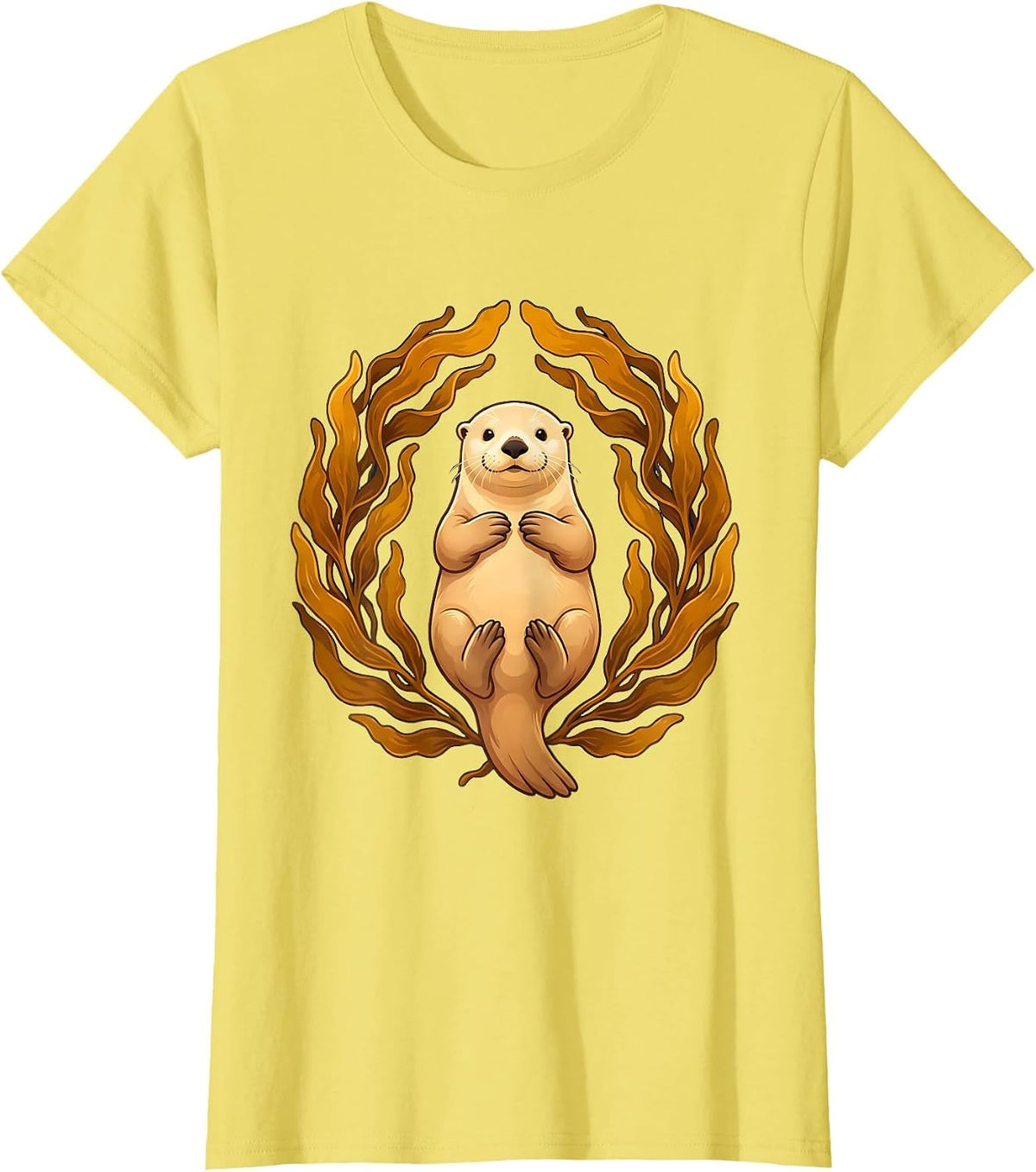 Women's Sea Otter Floating in Kelp Illustration T-Shirt - Lemon Yellow