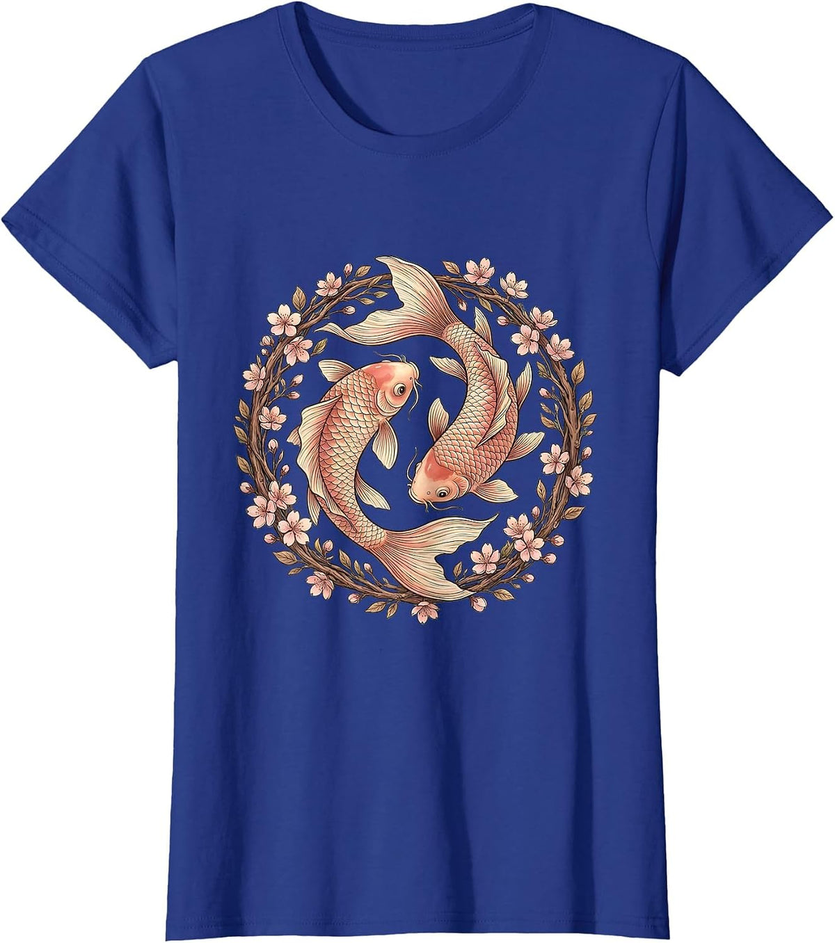 Women's Koi Fish Pink Cherry Blossom Cancer Awareness T-Shirt - Royal Blue