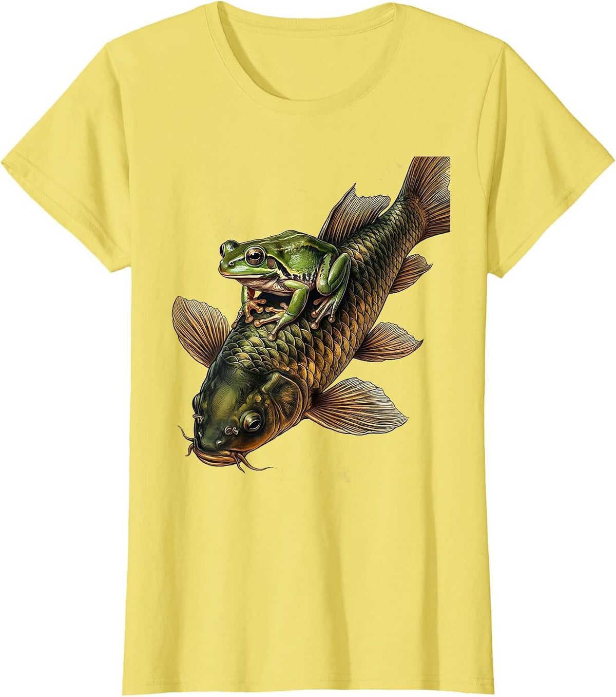 Women's Frog Riding Giant Koi Fish Graphic Tee T-Shirt - Lemon Yellow