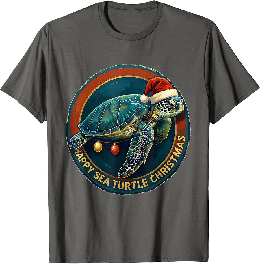 Happy Sea Turtle Christmas Whimsical Sea Turtle Lover T-Shirt - Asphalt Grey