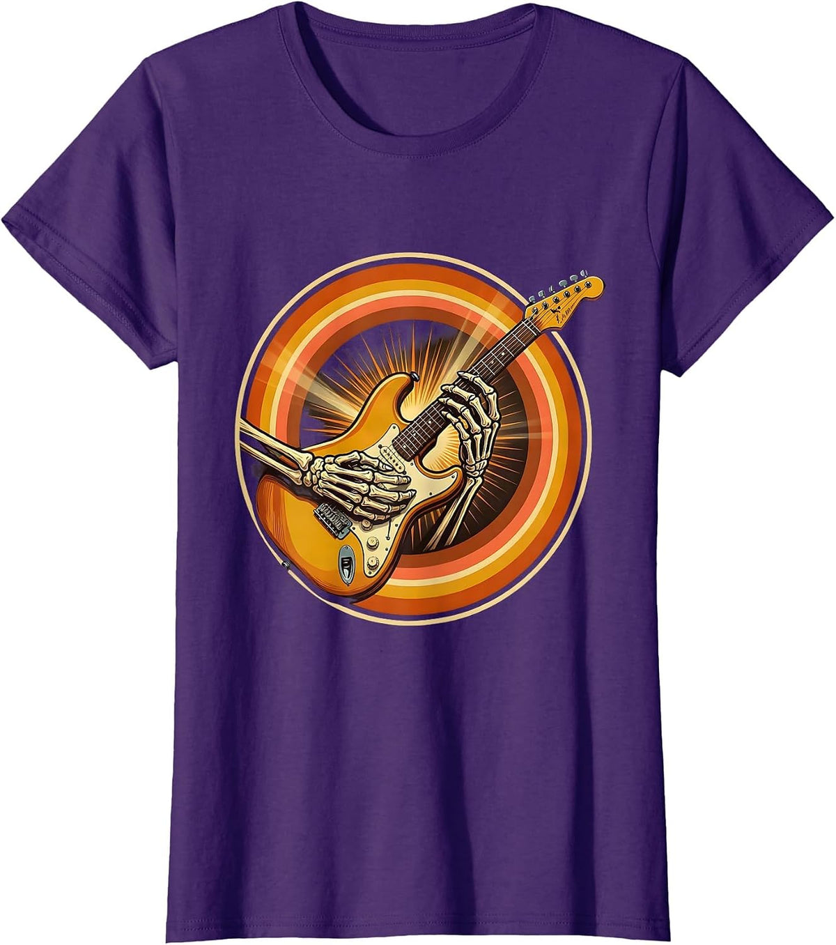 Women's Skeleton Guitarist Shredding on Stage Graphic T-Shirt - Purple