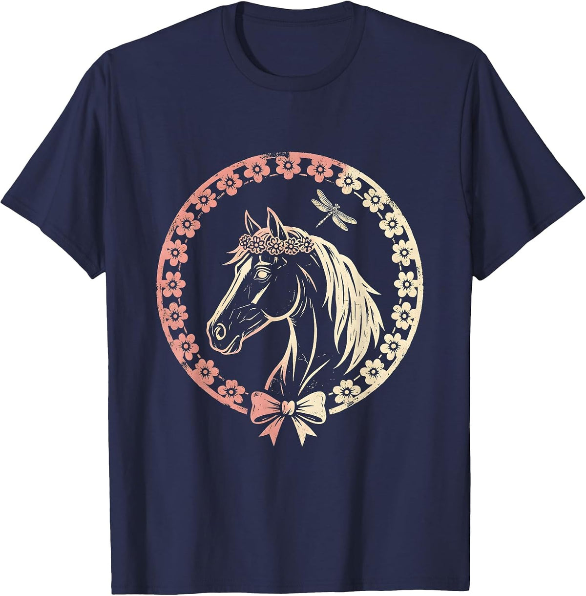 Bride White Horse Floral Crown Illustration T-Shirt - Navy Blue