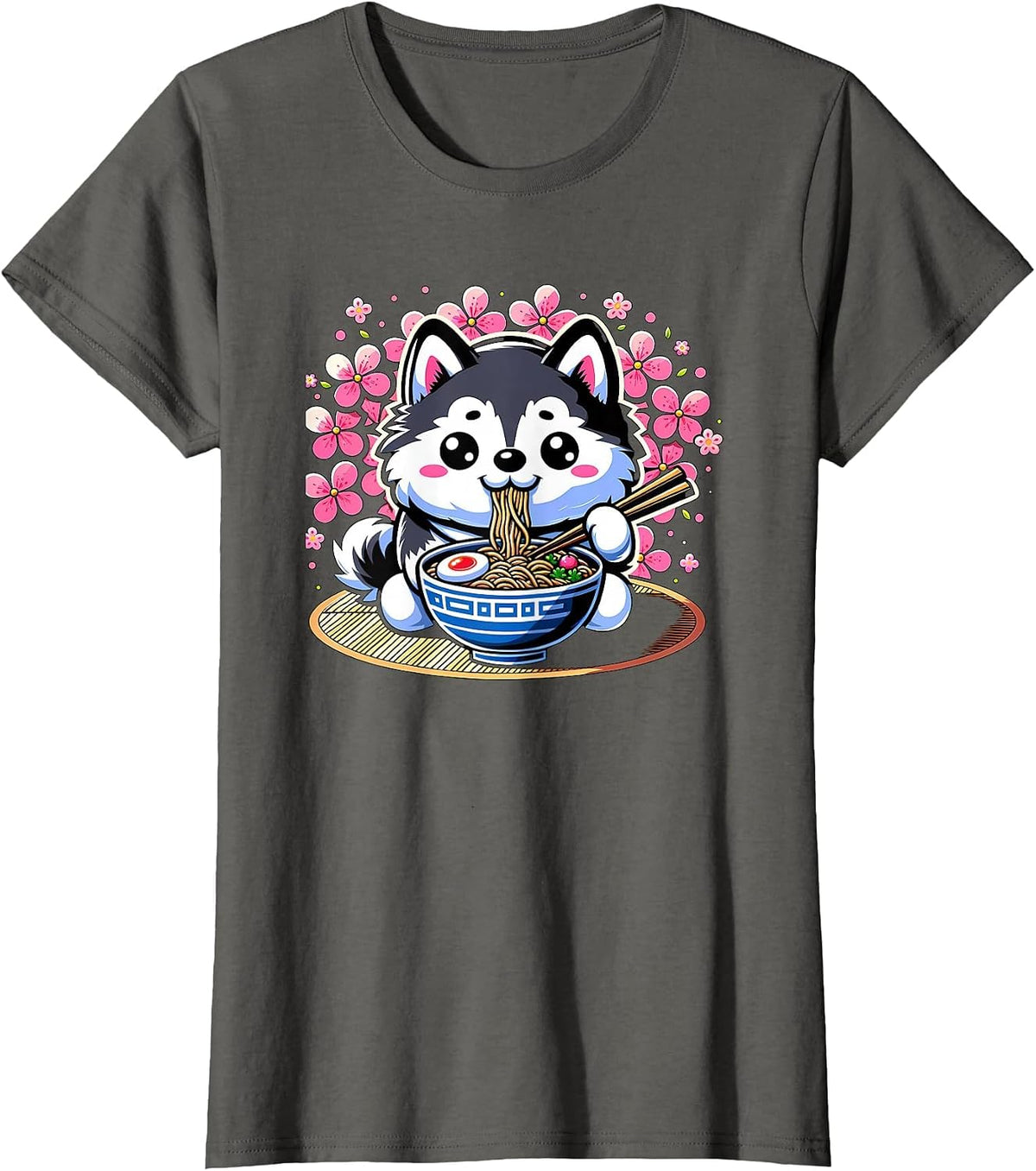 Kawaii Siberian Husky Dog Eating Ramen T-Shirt - Asphalt Grey