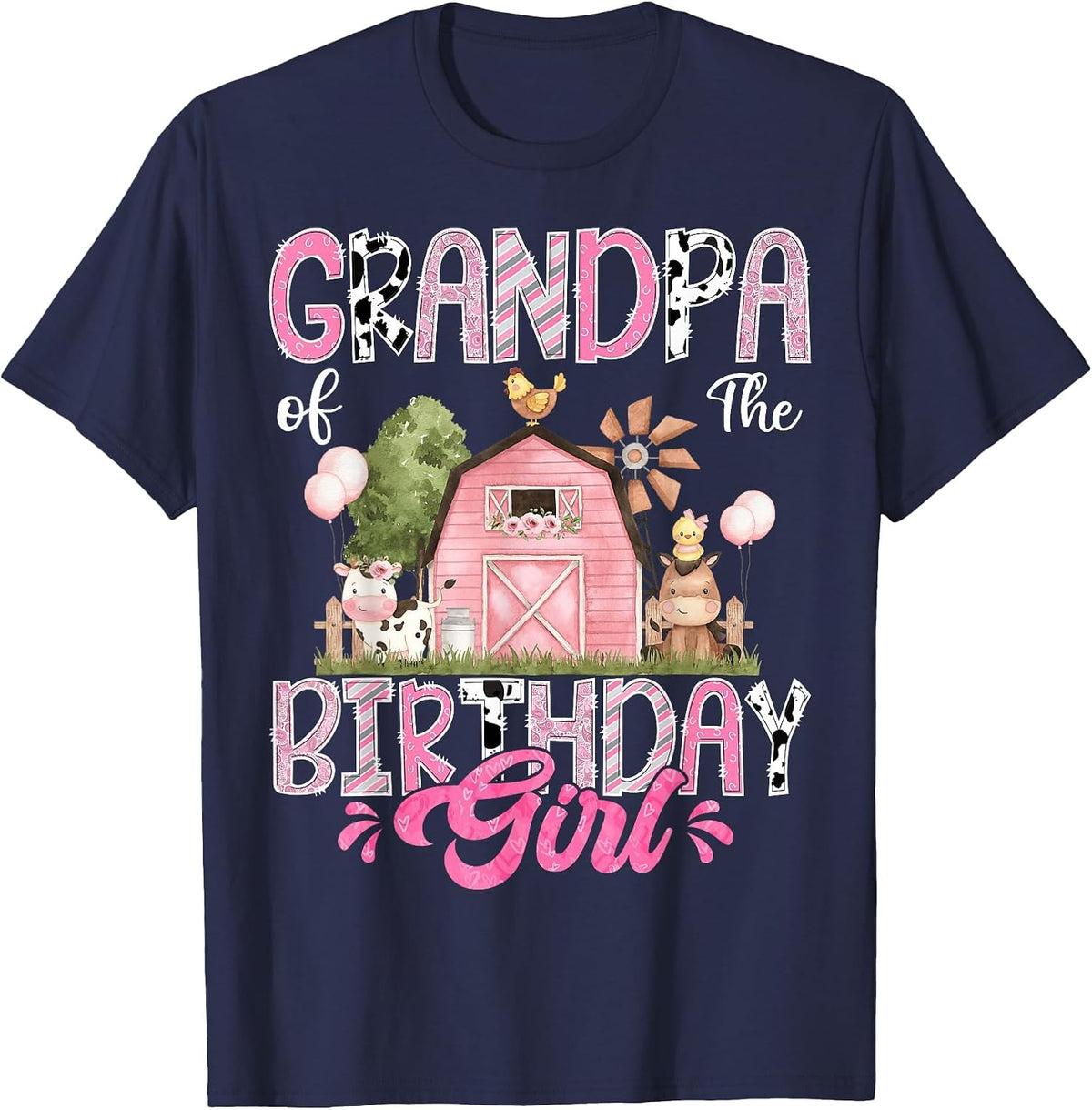 Grandpa of The Birthday Girl 1St Birthday Pink Cow Farm T-Shirt - Navy Blue