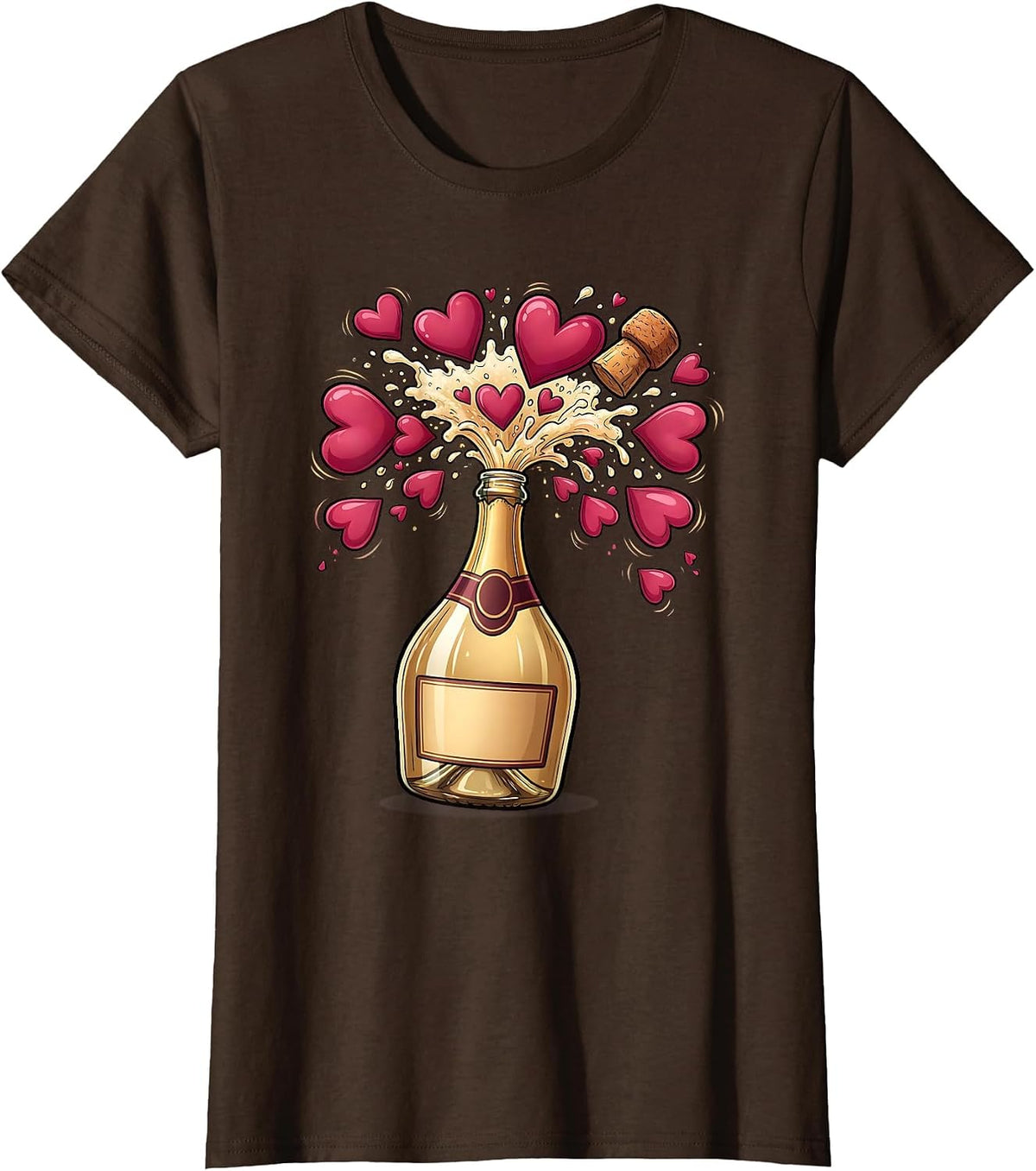 Women's Champagne Popping Hearts Celebration Graphic T-Shirt - Brown