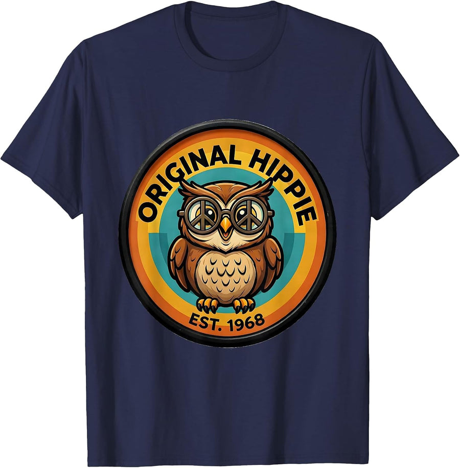 Original Hippie Est. 1968 Retro Cartoon Owl Peace Sign 60s T-Shirt - Navy Blue