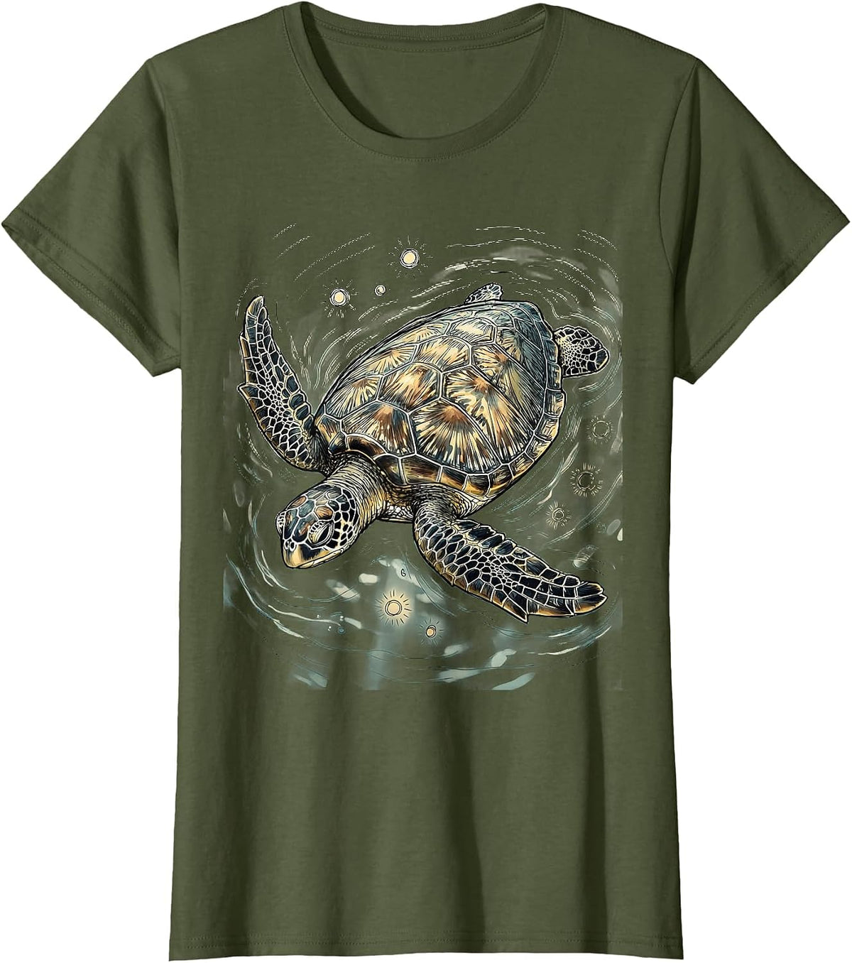 Women's Sea Turtle Sunlit Ocean Glide Graphic Tee T-Shirt - Olive Green
