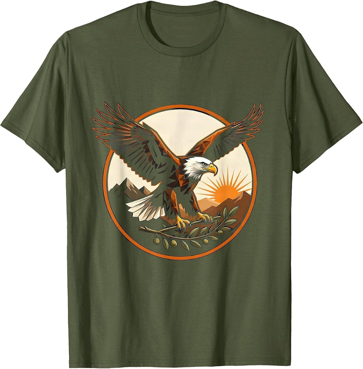 Men's Bald Eagle Olive Branch God Family Country Design T-Shirt - Olive Green