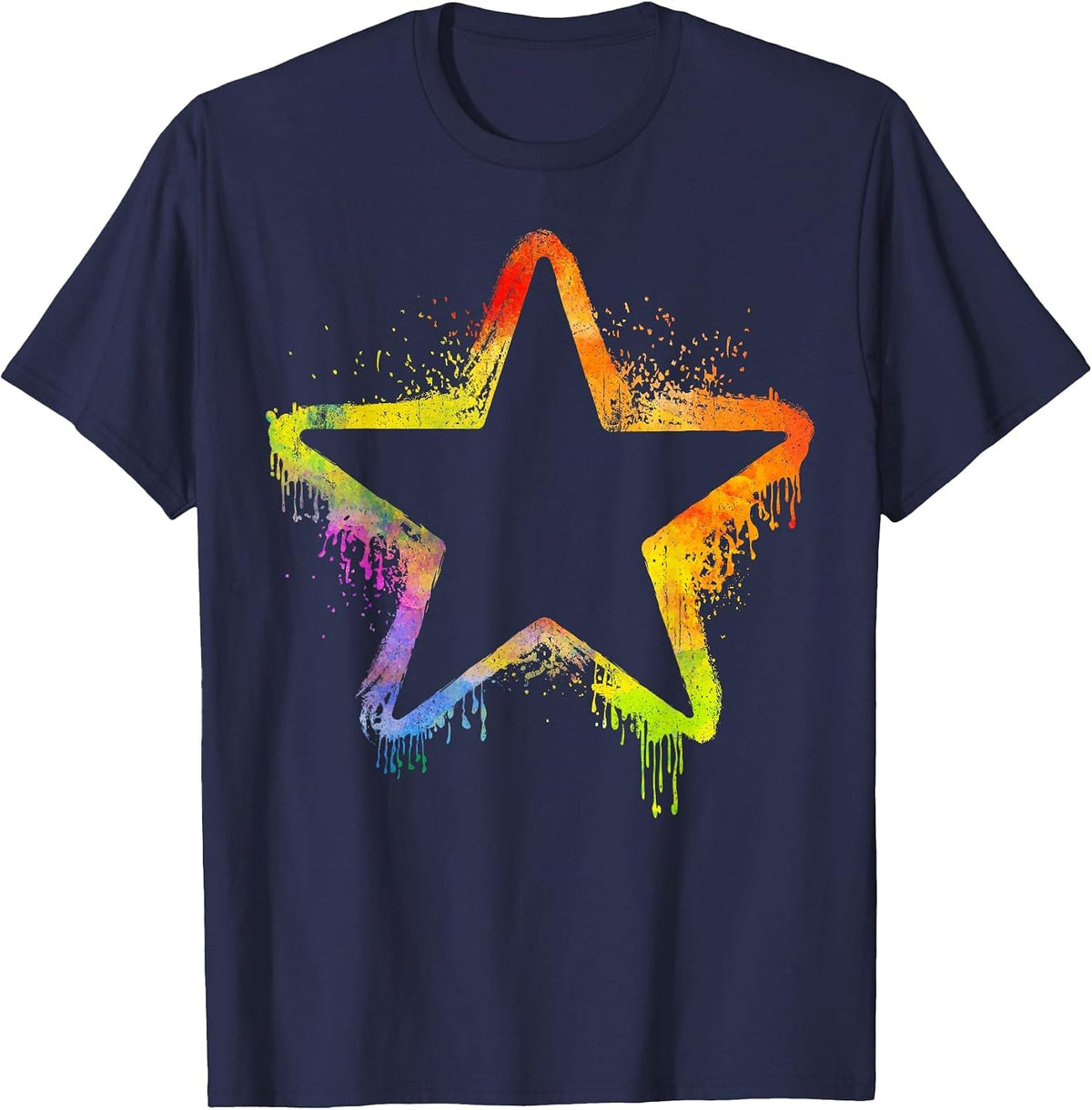 Colourful Star Graphic Design Paint Splash Art T-Shirt - Navy Blue
