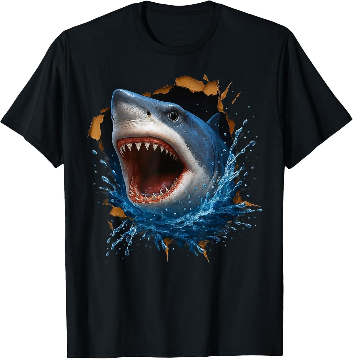 Great White Shark Torn Cloth Funny 3D Graphic T-Shirt - Black