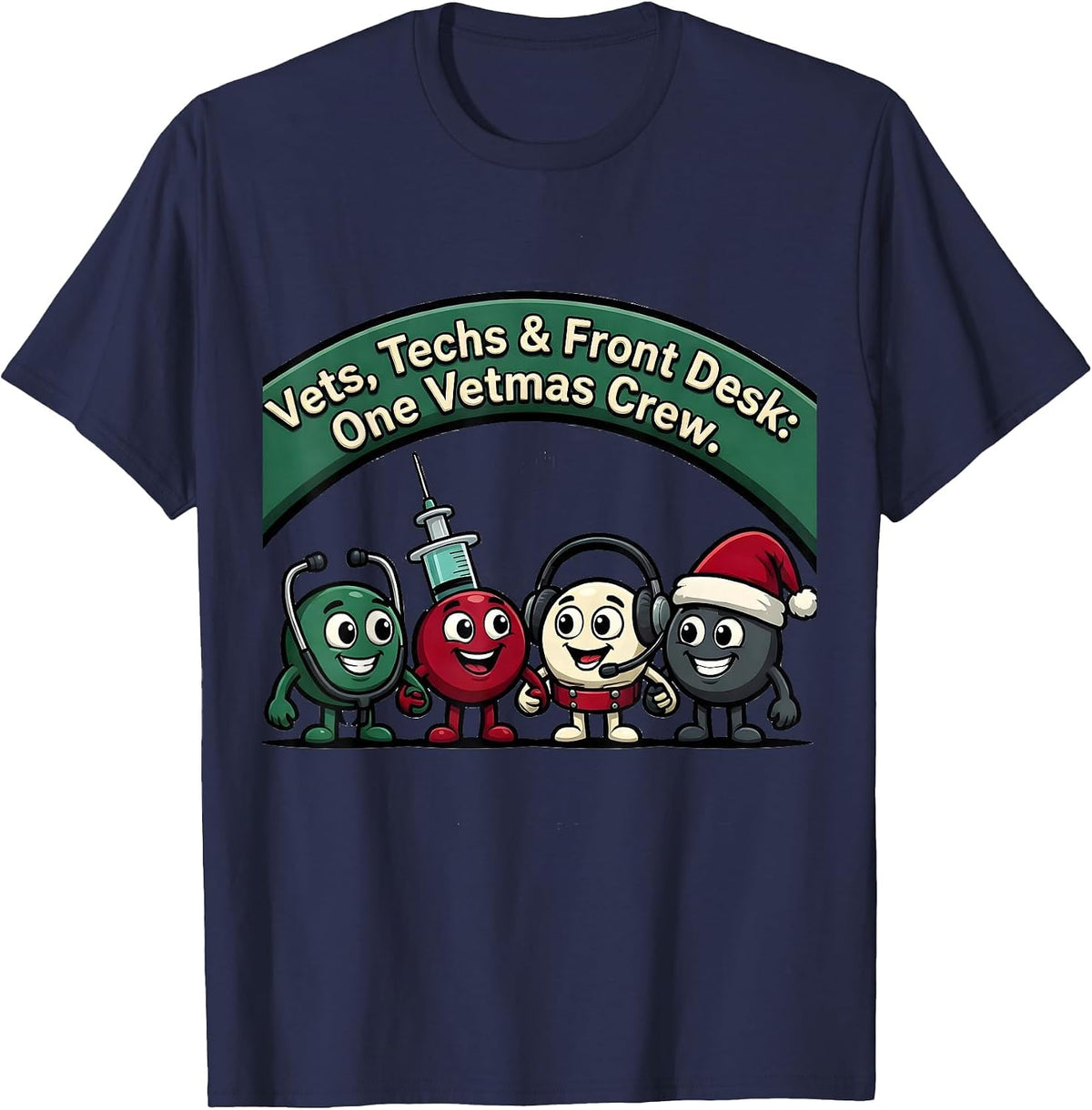 Men's Vets, Techs & Front Desk: One Vetmas Crew Funny T-Shirt - Navy Blue