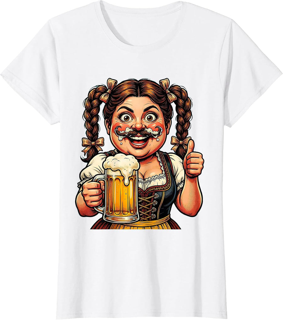 Women's Oktoberfest Foam Mustache Braided Pigtails Design T-Shirt - White