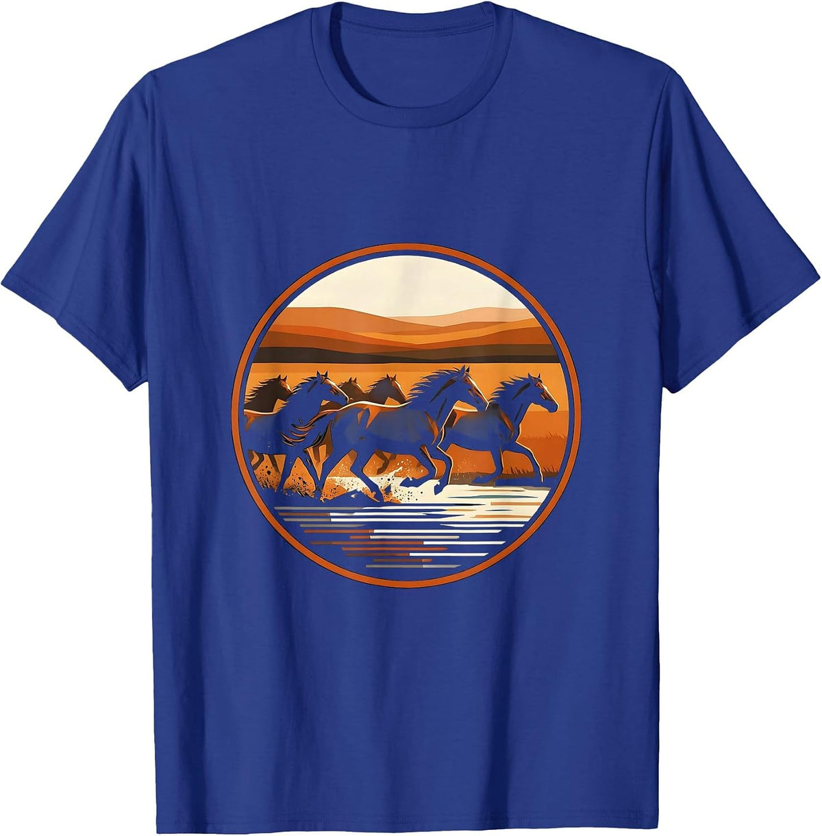 Wild Horse Herd Stampede River Crossing Illustration T-Shirt - Royal Blue