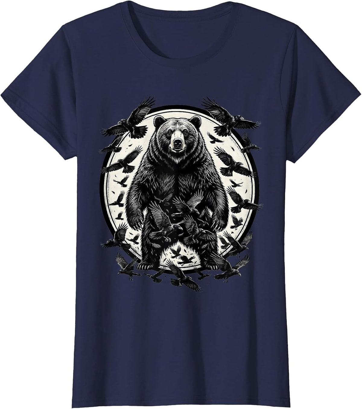 Women's Bear Dissolving Into Ravens Dark Nature Art T-Shirt - Navy Blue