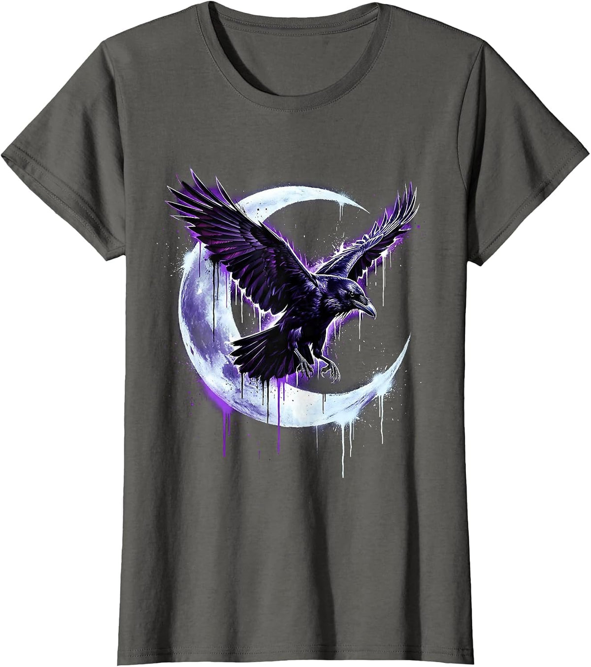 Women's Raven Flying Through Crescent Moon Silhouette T-Shirt - Asphalt Grey