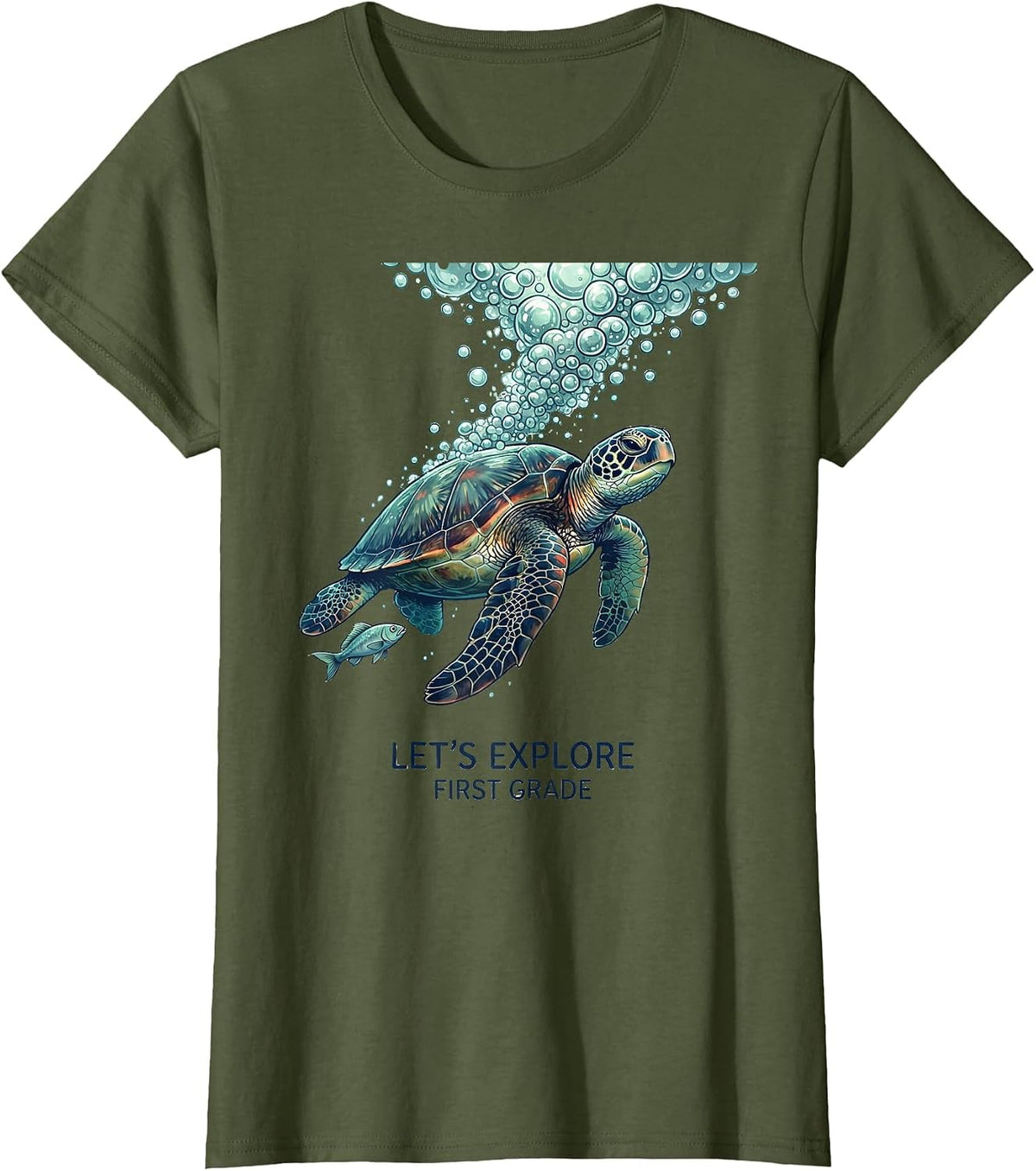Women's Let's Explore First Grade Cute Teacher Back to School Ocean T-Shirt - Olive Green