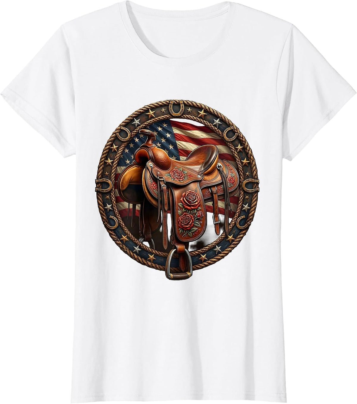 Women's Floral Stitched Leather Saddle Cowgirl Design T-Shirt - White