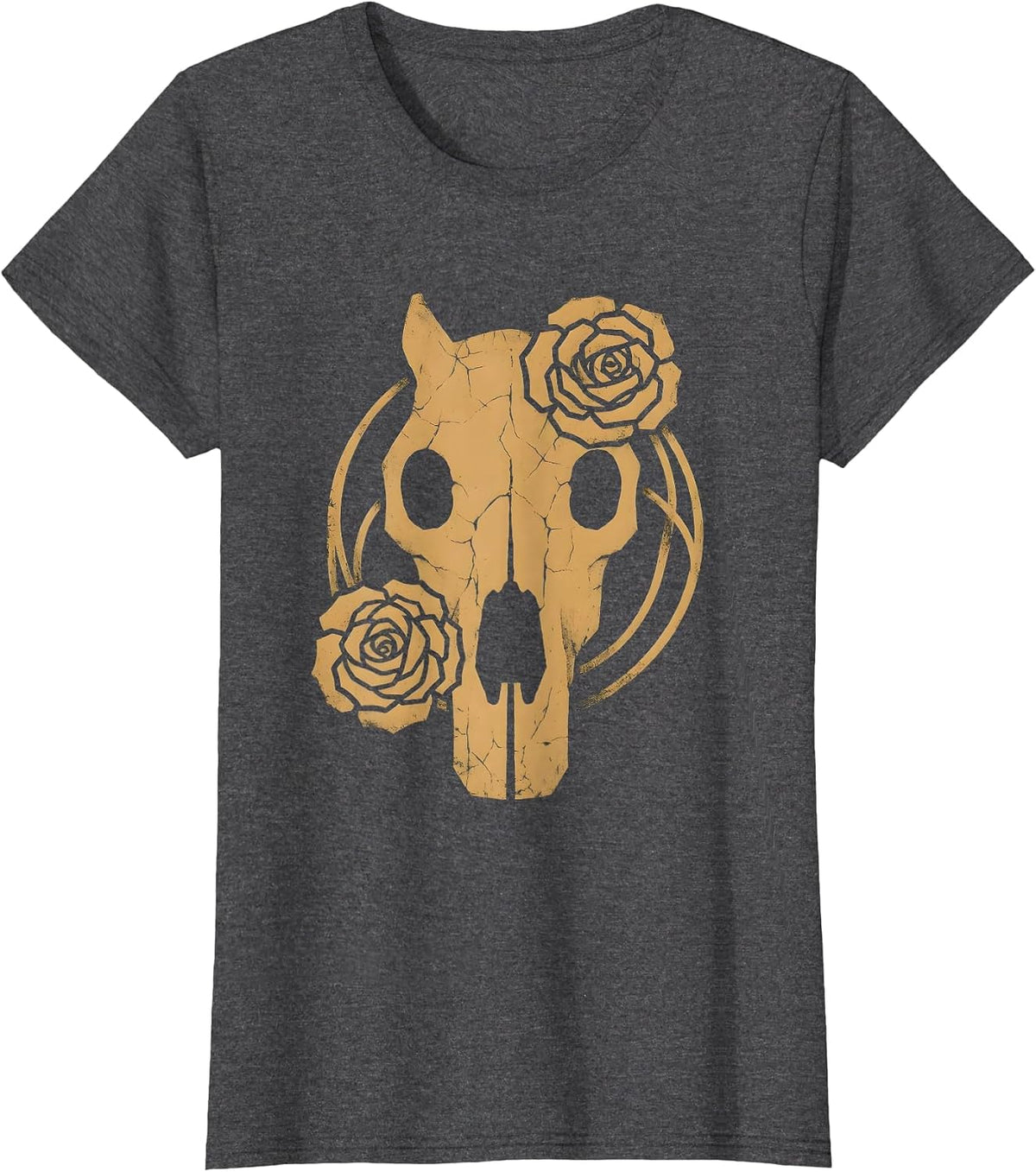 Women's Horse Skull Rose Vines Gothic Floral Art T-Shirt - Dark Heather Grey