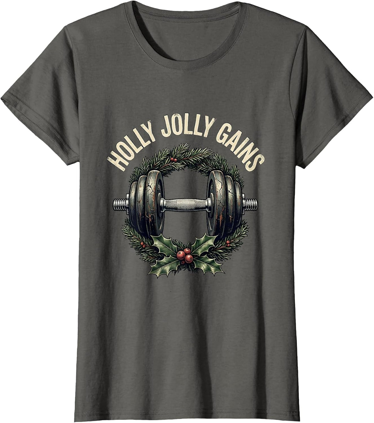 Women's Holly Jolly Gains Distressed Funny Christmas Weightlifting T-Shirt - Asphalt Grey