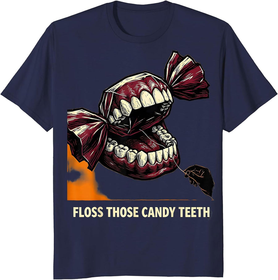 Floss Those Candy Teeth Linocut Funny Dental Hygienist T-Shirt - Navy Blue