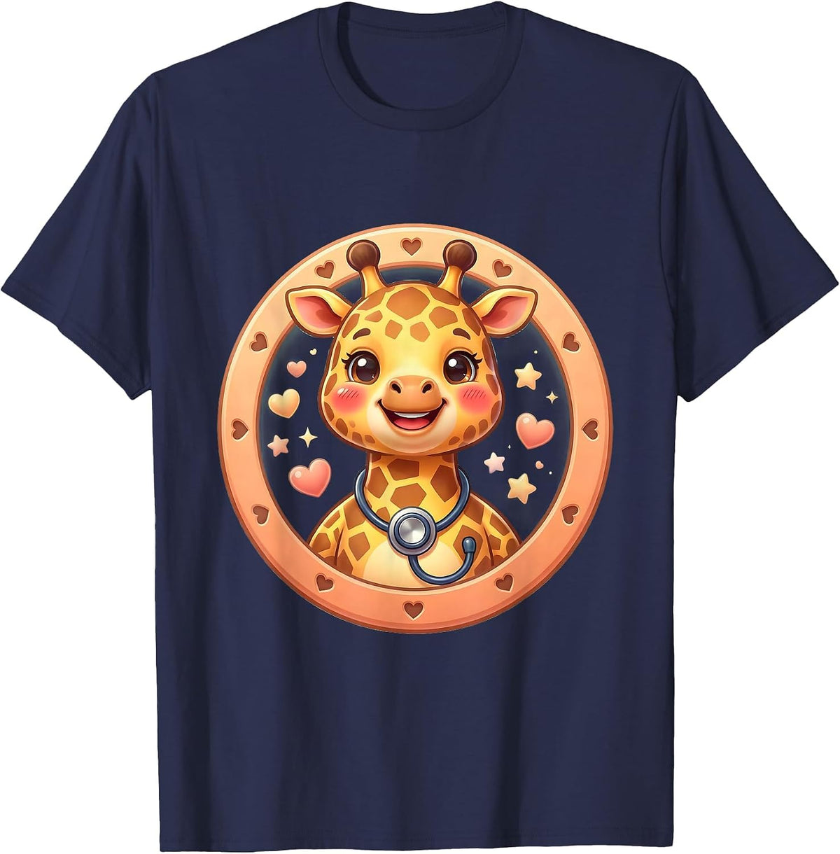 Men's Pediatric Nurse Cartoon Giraffe Stethoscope T-Shirt - Navy Blue