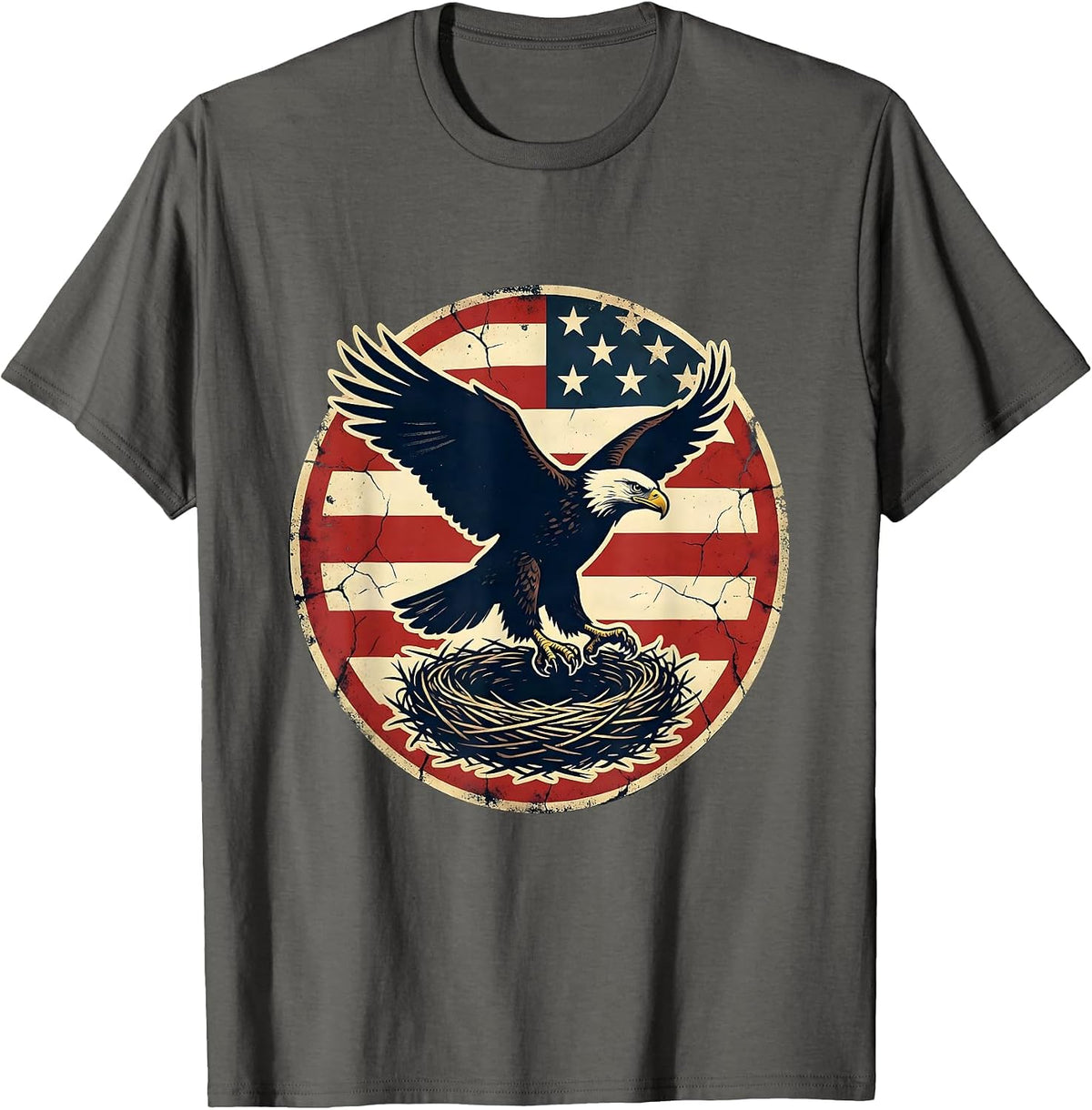 American Flag Draped Bald Eagle Nest Graphic T-Shirt - Asphalt Grey