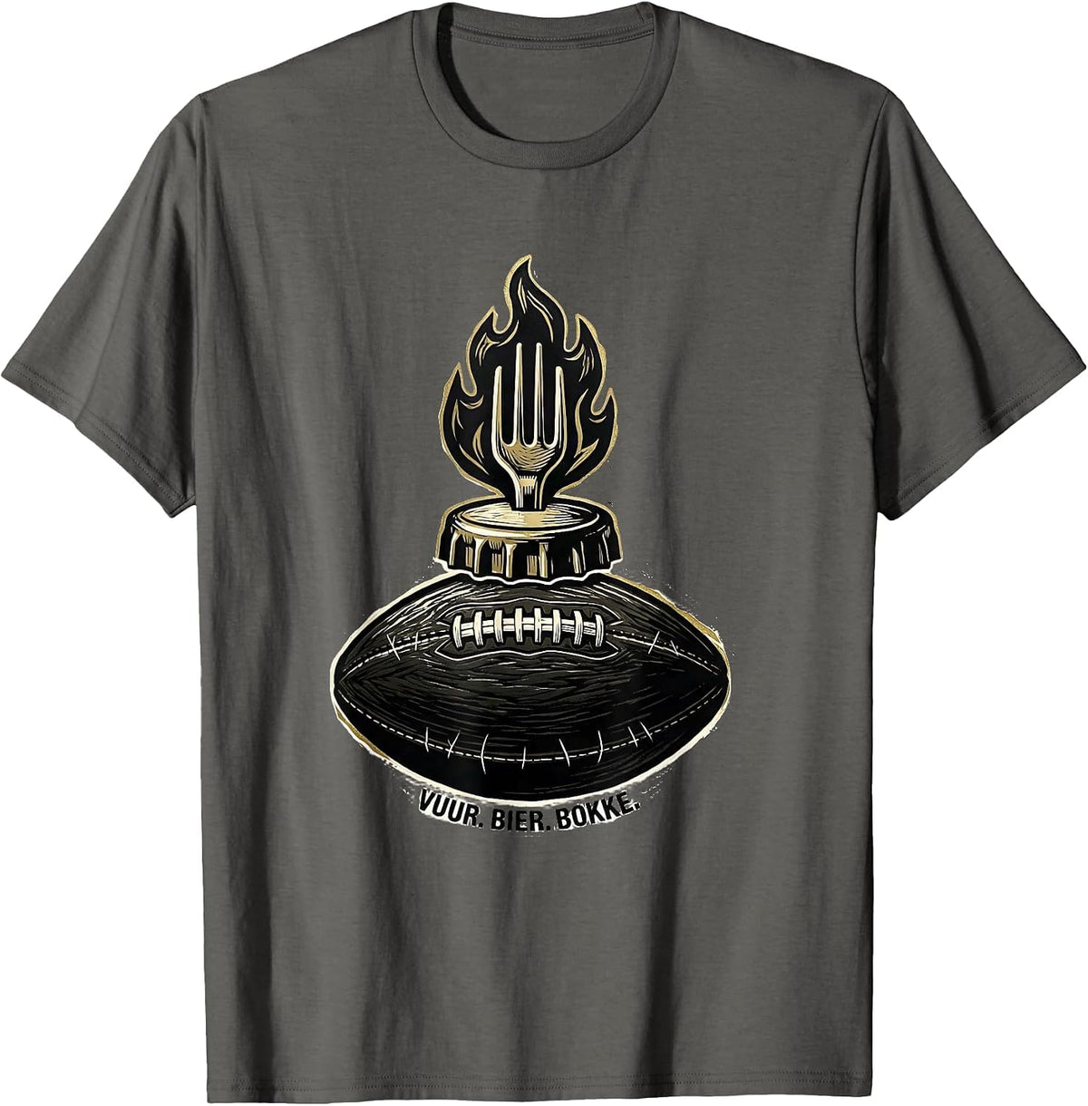 Vuur. Bier. Bokke. Linocut South African Rugby Bokke Fan T-Shirt - Asphalt Grey