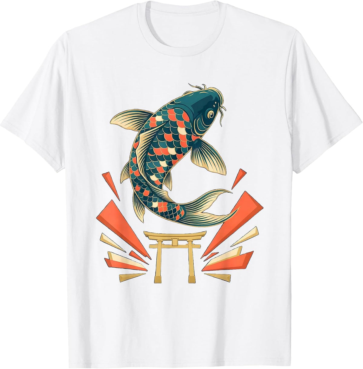 Giant Koi Fish Leaping Over Torii Gate Anime Art T-Shirt - White
