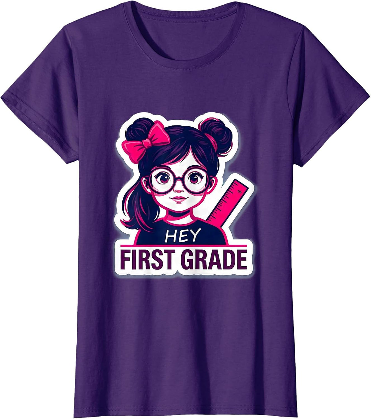 Women's Hey, First Grade Cute Messy Bun Back To School Girl T-Shirt - Purple