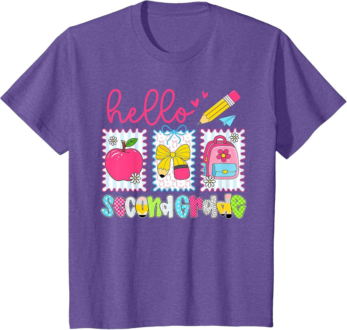 Preppy Hello Second Grade Team Back to School Teachers Kids T-Shirt, Youth, Purple Heather, Medium - As Pictured