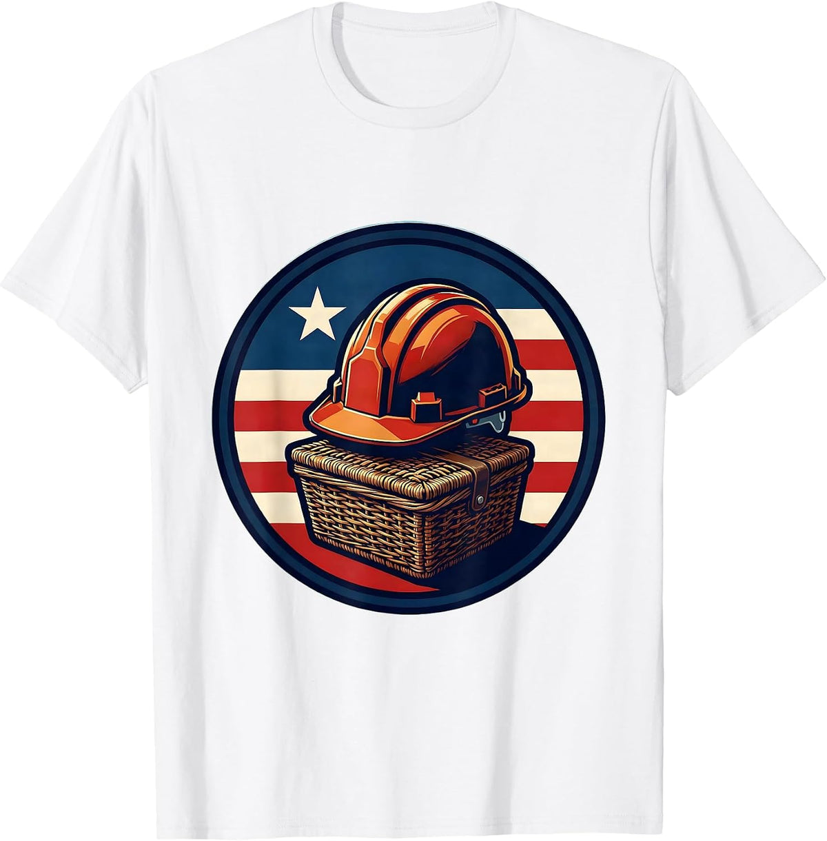 Men's Sealed Badge Hard Hat Picnic Basket Patriotic Labor Day T-Shirt - White