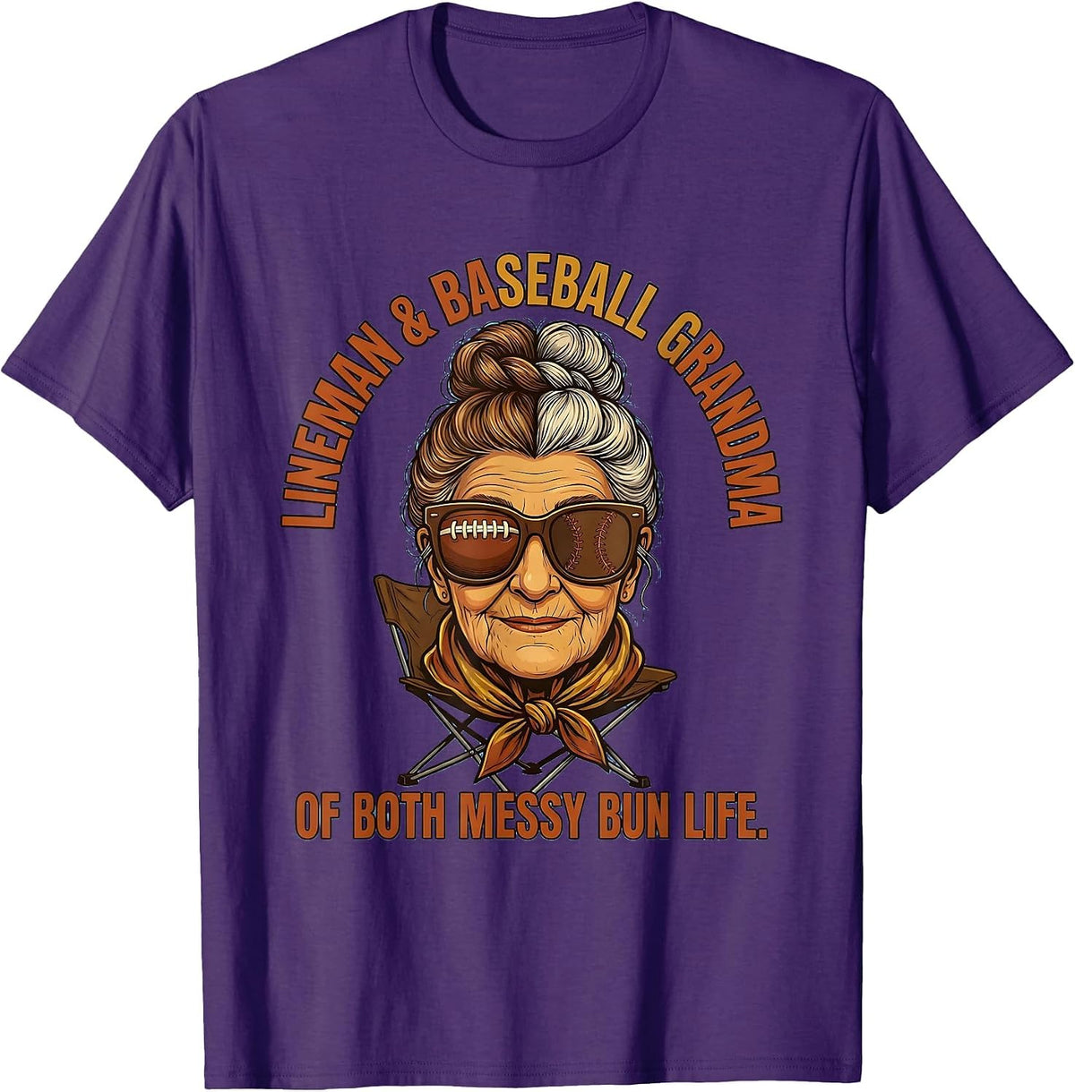 Lineman & Baseball Grandma Of Both Messy Bun Life Grandma T-Shirt - Purple