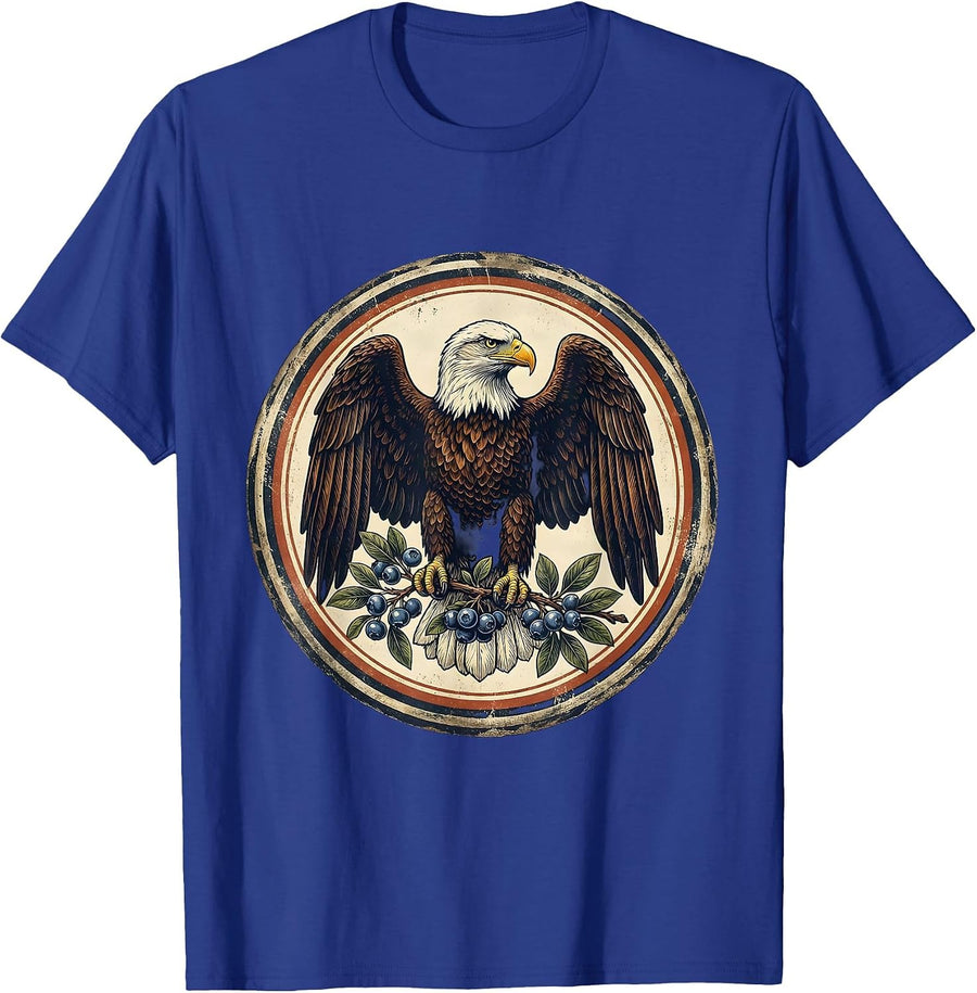 Bold Eagle Clutching Blueberry Branch Illustration T-Shirt - Royal Blue