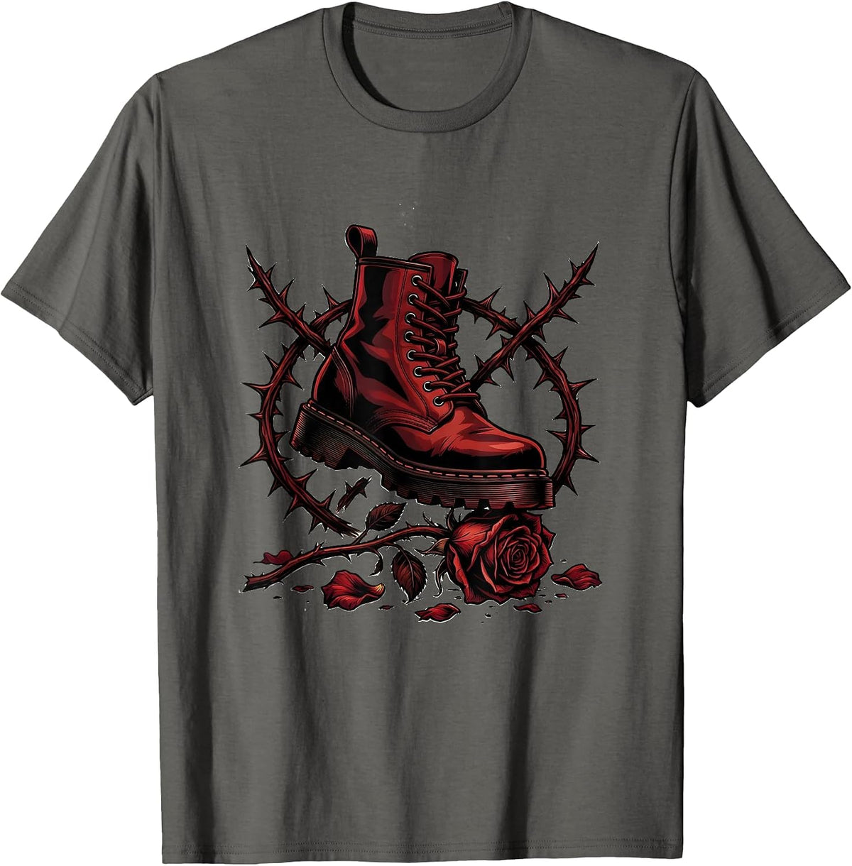 Grunge Combat Boot Crushing Wilted Flower Art T-Shirt - Asphalt Grey