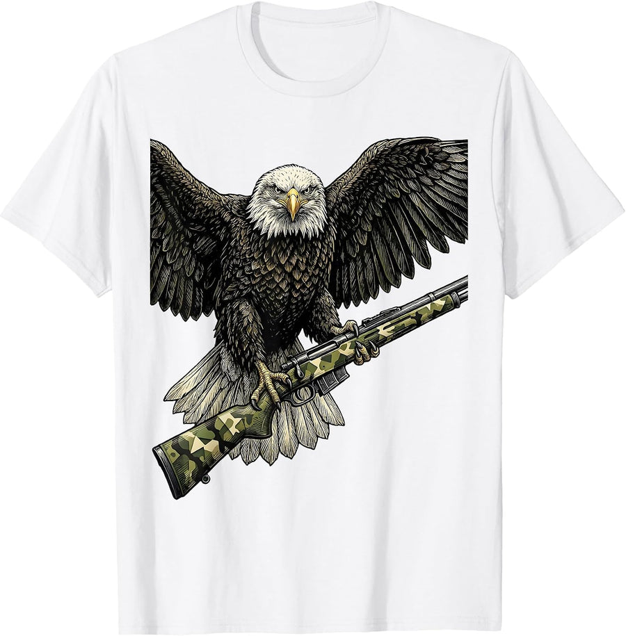 Men's Eagle Perched on Camo Rifle Graphic Design T-Shirt - White