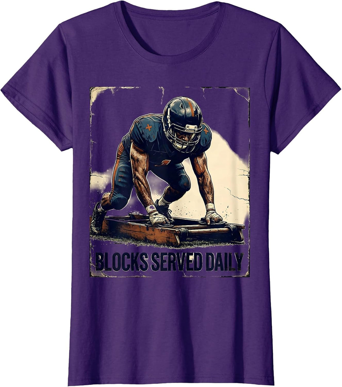 Women's Blocks Served Daily Distressed Football Lineman Game-Day T-Shirt - Purple