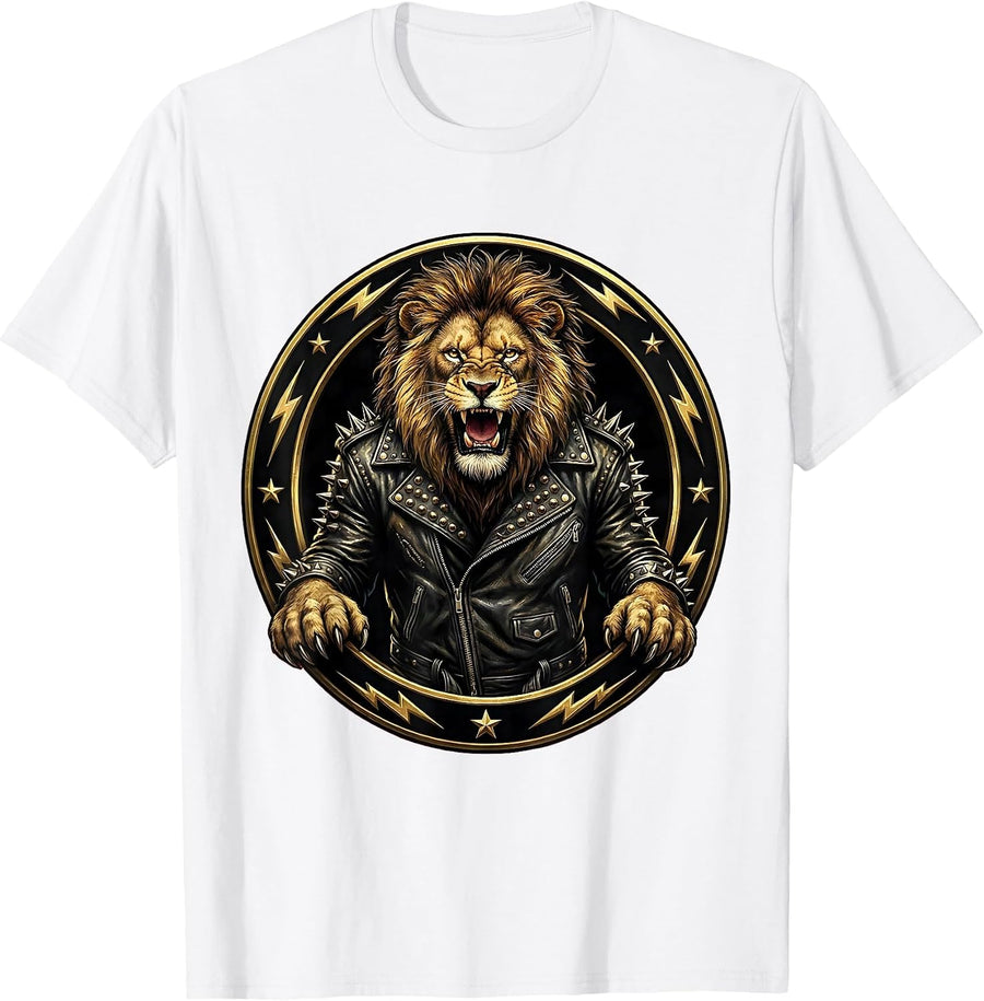 Men's Roaring Lion Studded Leather Jacket Rock Design T-Shirt - White