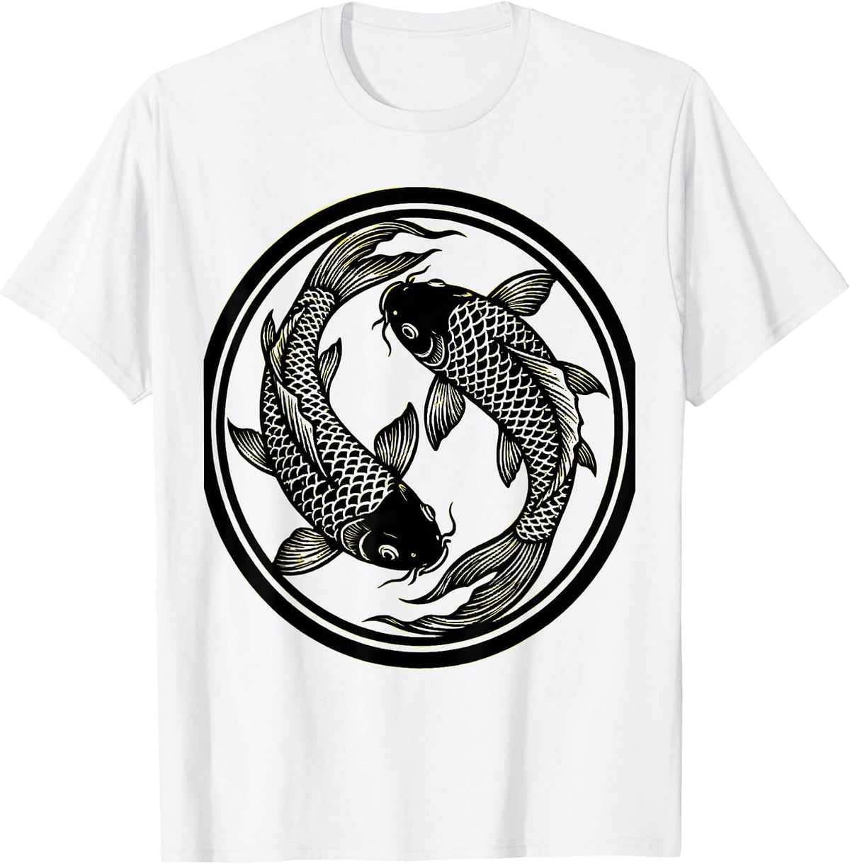 Men's Black and Yellow Koi Fish Pair Graphic Tee T-Shirt - White