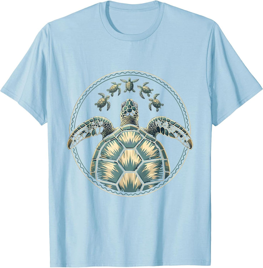 Men's Mama Sea Turtle Swimming With Hatchlings T-Shirt - Baby Blue