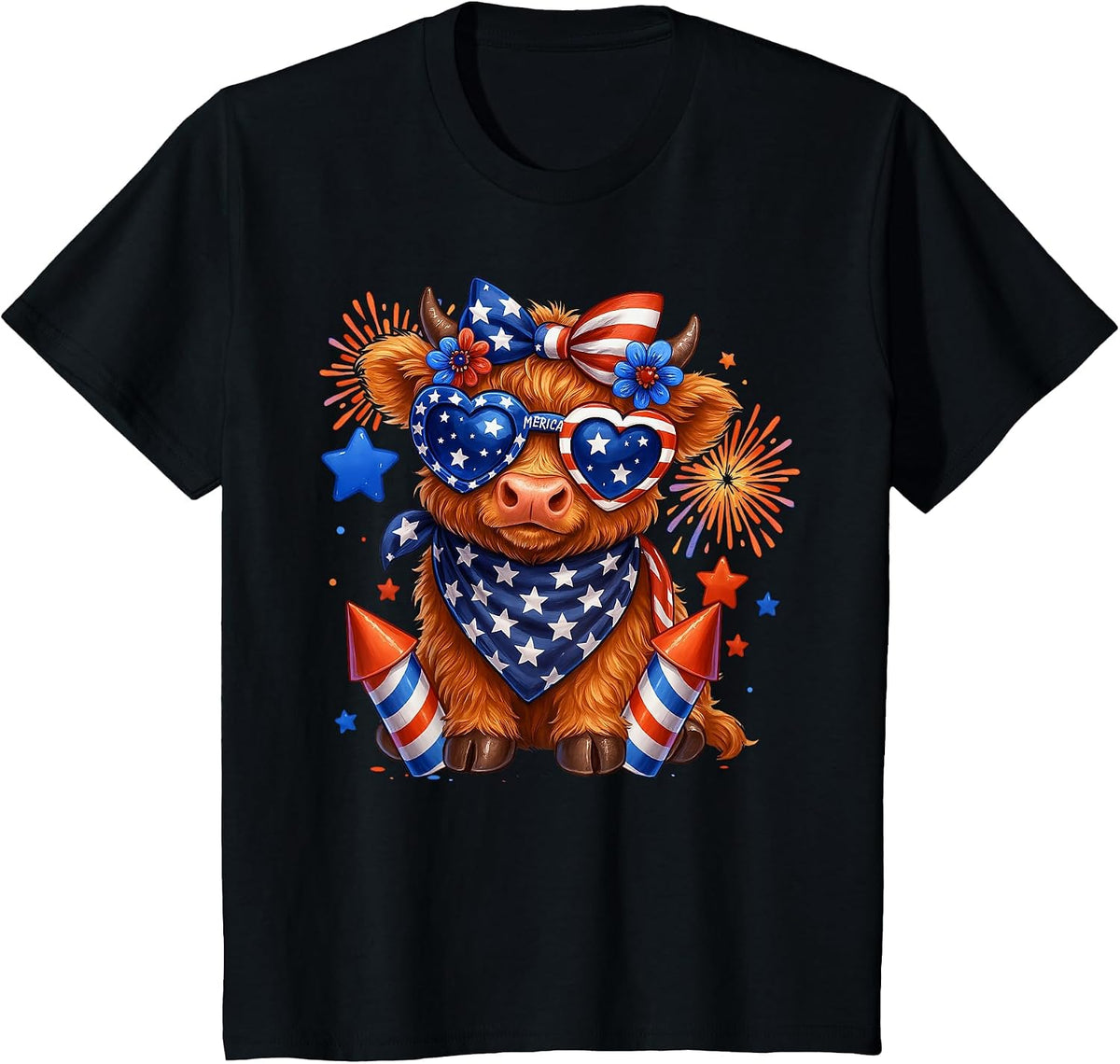 Cute Highland Cow 4th of July USA Flag Patriotic Cow Farmer T-Shirt - Black