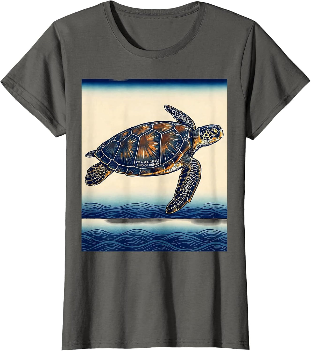 Women's I'm A Sea Turtle Kind Of Human Ukiyo-e Ocean Animal Lover T-Shirt - Asphalt Grey