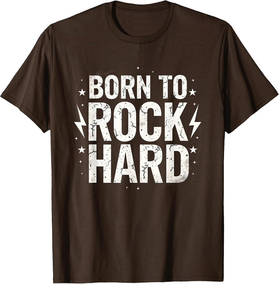 Born to Rock Hard Music Graphic Design T-Shirt - Brown
