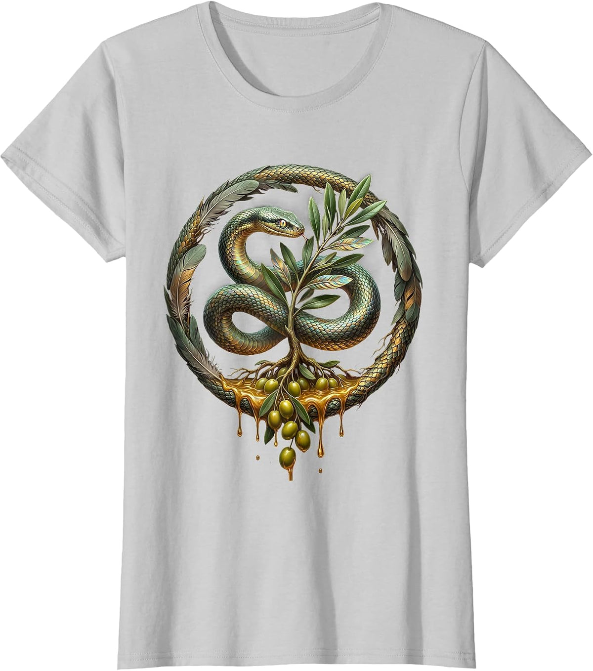 Women's Serpent and Olive Branch Illustration Design T-Shirt - Silver Grey