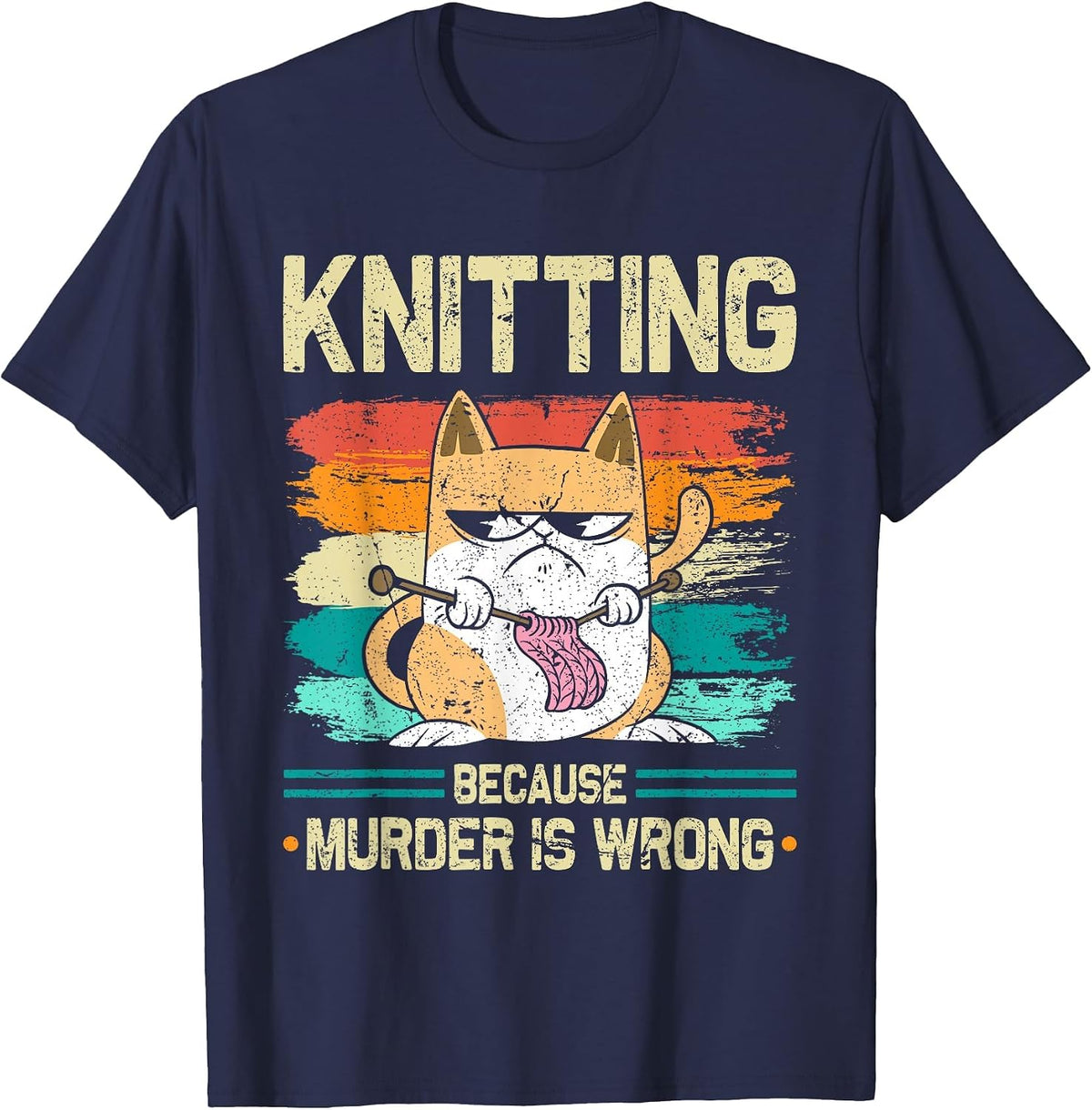 Knitting Because Murder is Wrong Cat Knits T-Shirt - Navy Blue