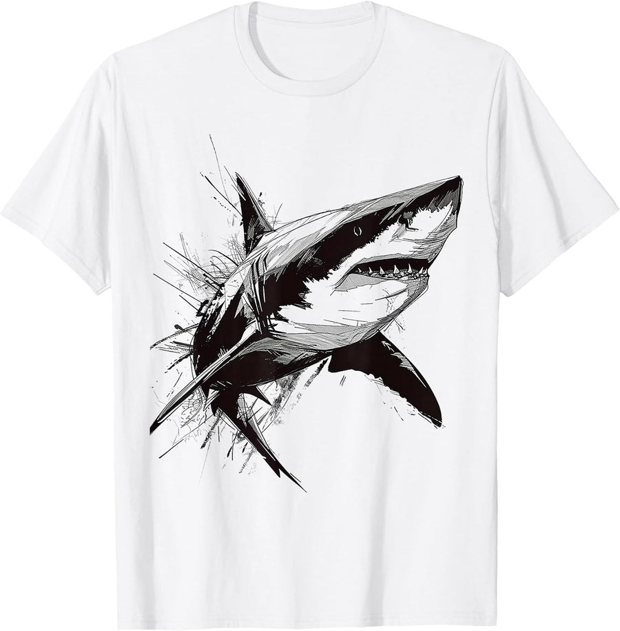 Shark Drawing Abstract Animal Art Painting Graphic Shark T-Shirt - White