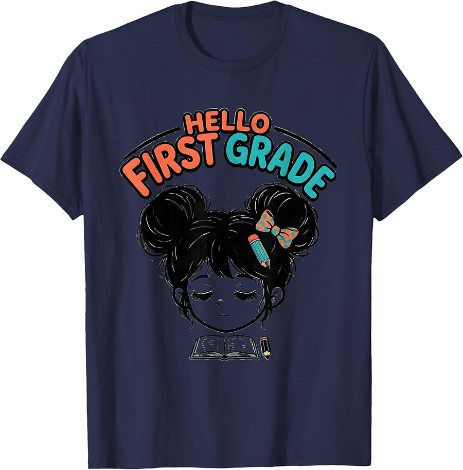 Hello First Grade Cartoon Messy Bun Back To School Girl T-Shirt - Navy Blue